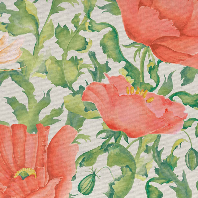 Large coral-red flowers and green foliage on a pale woven fabric ground