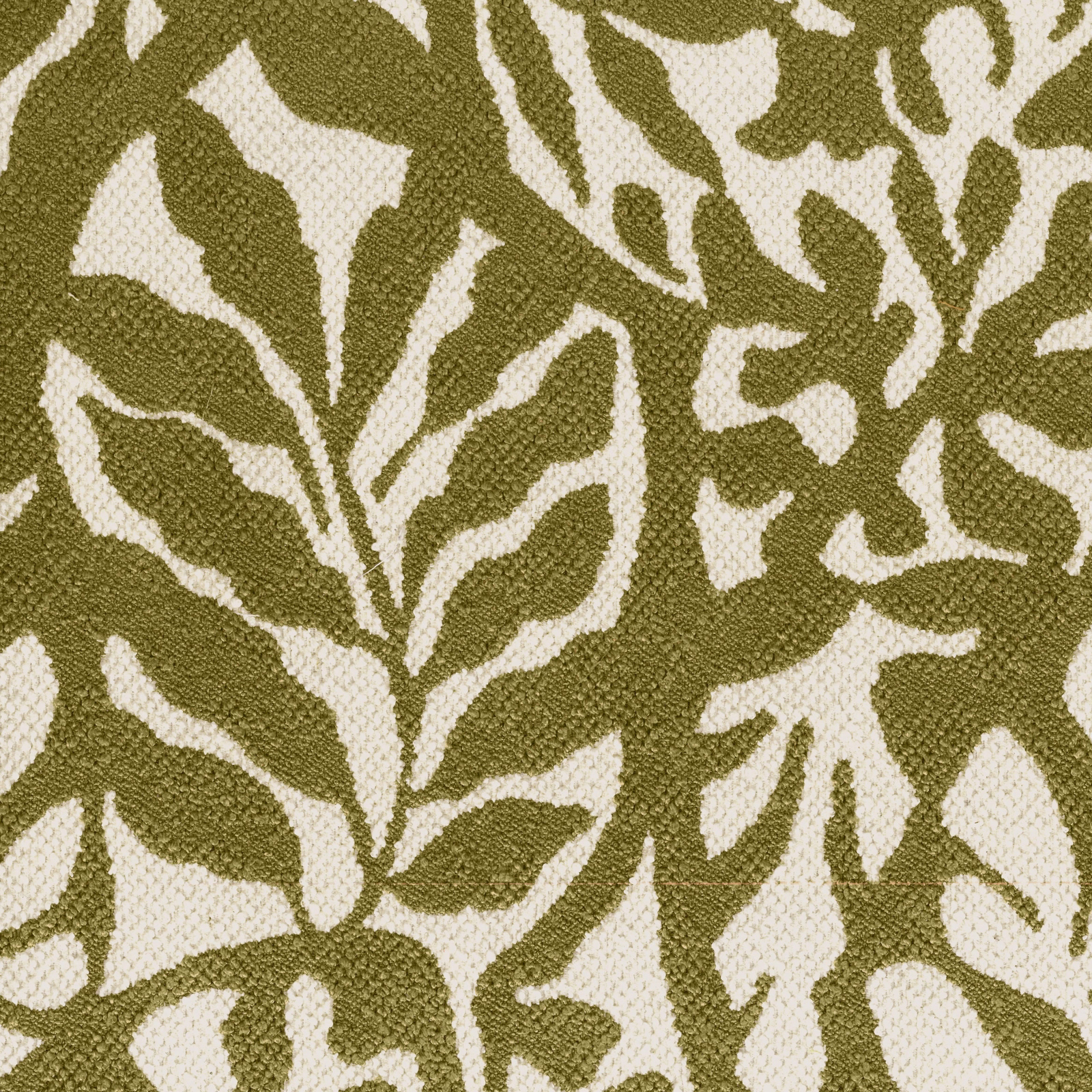 Close-up of olive green leafy motif on a cream textured woven fabric