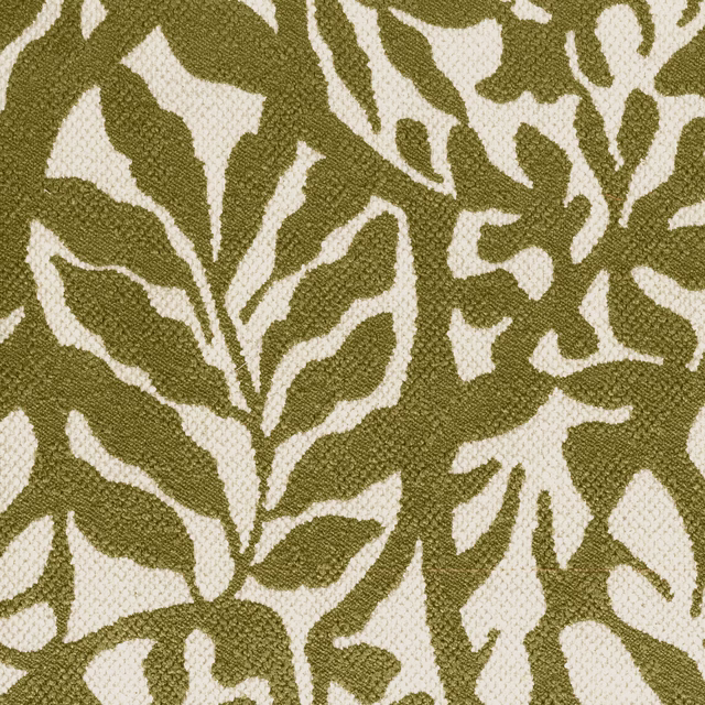 Close-up of olive green leafy motif on a cream textured woven fabric