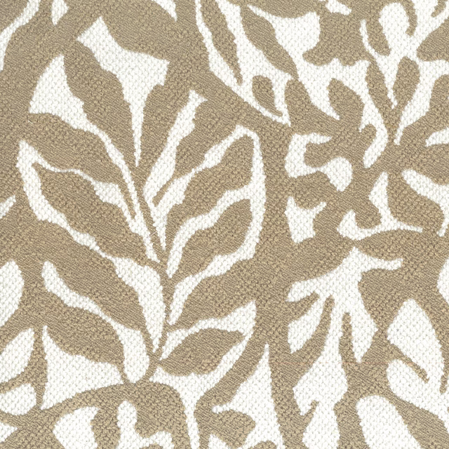 Close-up of a taupe botanical woven fabric with pale leaf motifs