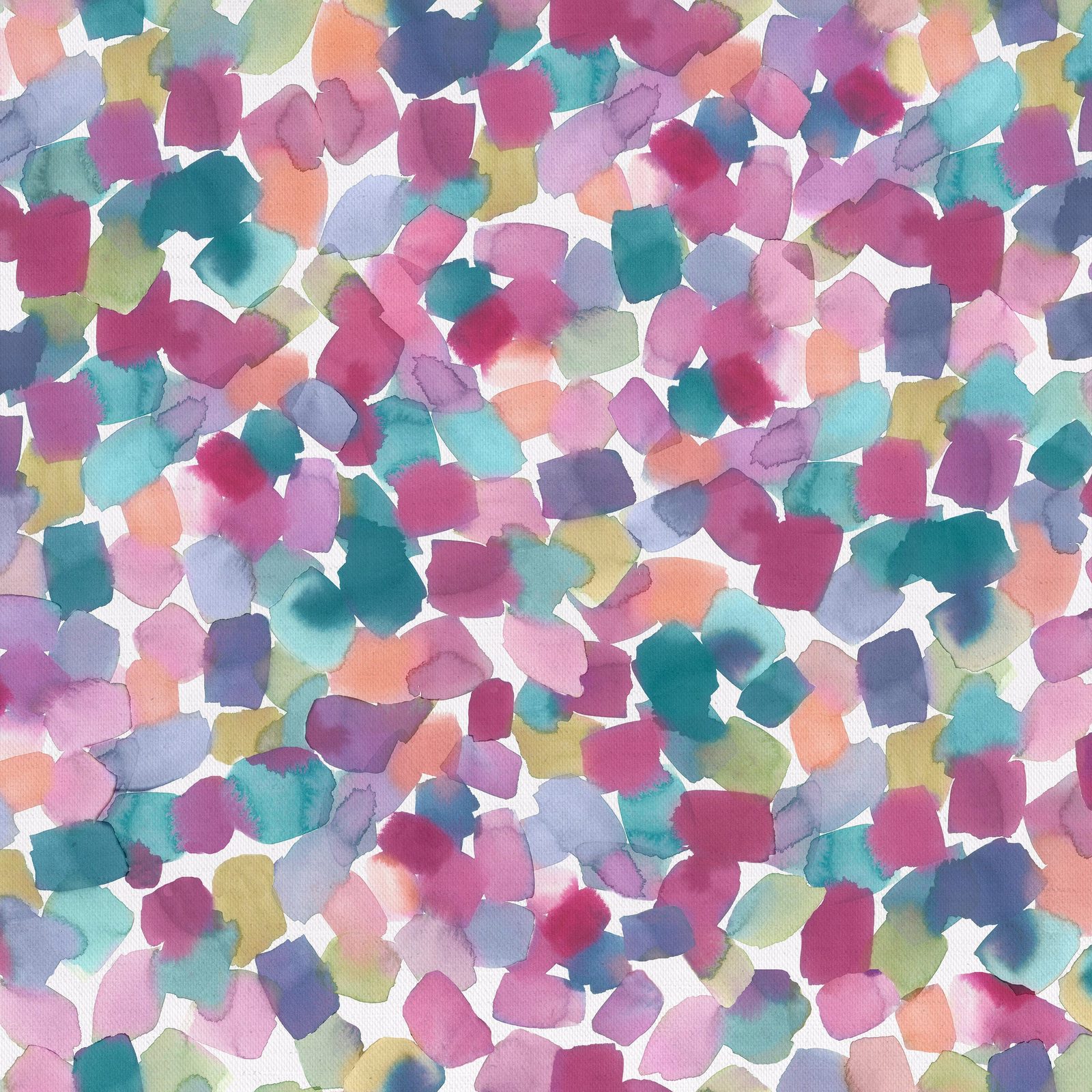 Colourful abstract confetti print with teal, pink, lilac and coral brush marks on white