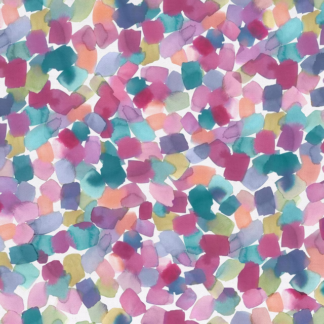 Colourful abstract confetti print with teal, pink, lilac and coral brush marks on white