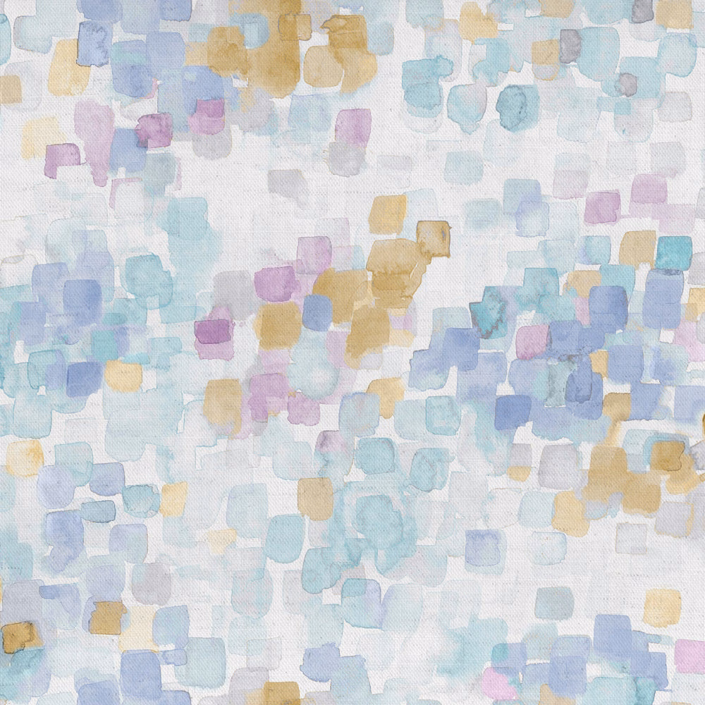 Pastel abstract square print in blue, aqua, lilac and gold on white fabric