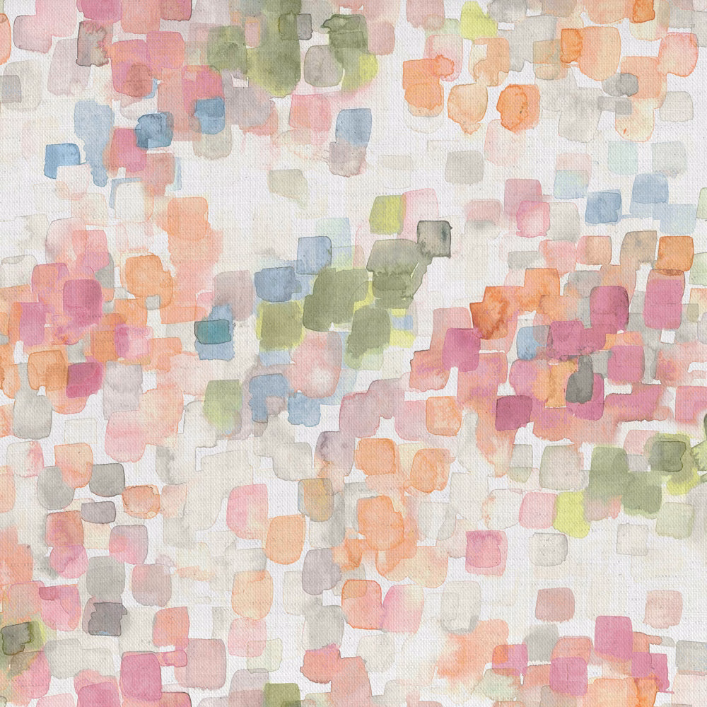 Pastel abstract fabric with blush pink, peach, sage and blue square motifs on a pale ground