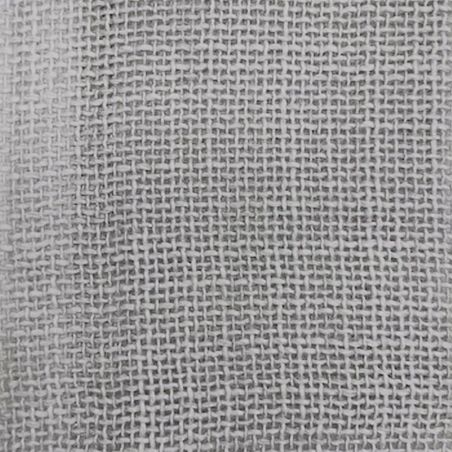 Close-up of a soft pale grey open-weave fabric with a linen-like texture