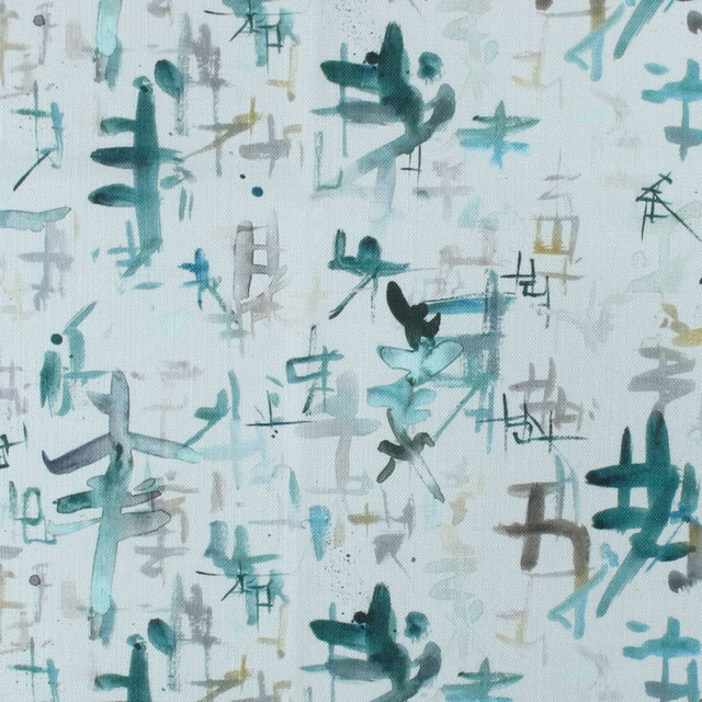Abstract blue-green brush marks on a pale ground, painterly woven fabric swatch