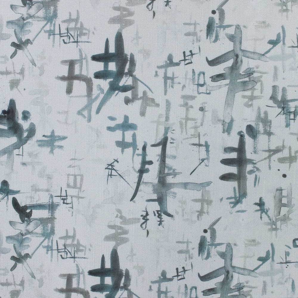 Abstract grey fabric with teal and charcoal brushstroke marks on a pale ground