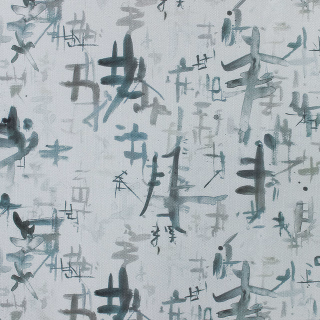 Abstract grey fabric with teal and charcoal brushstroke marks on a pale ground