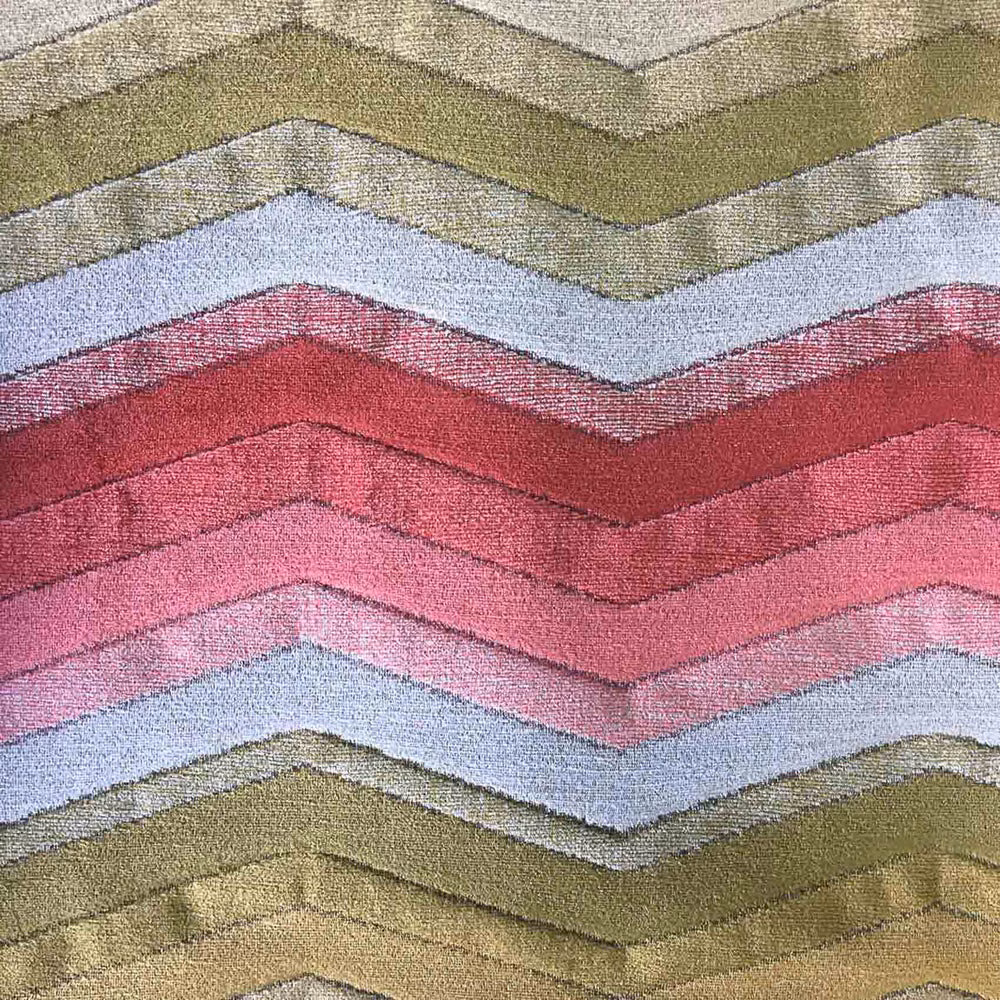 Chevron woven fabric in dusty pink, raspberry, pale blue and olive bands