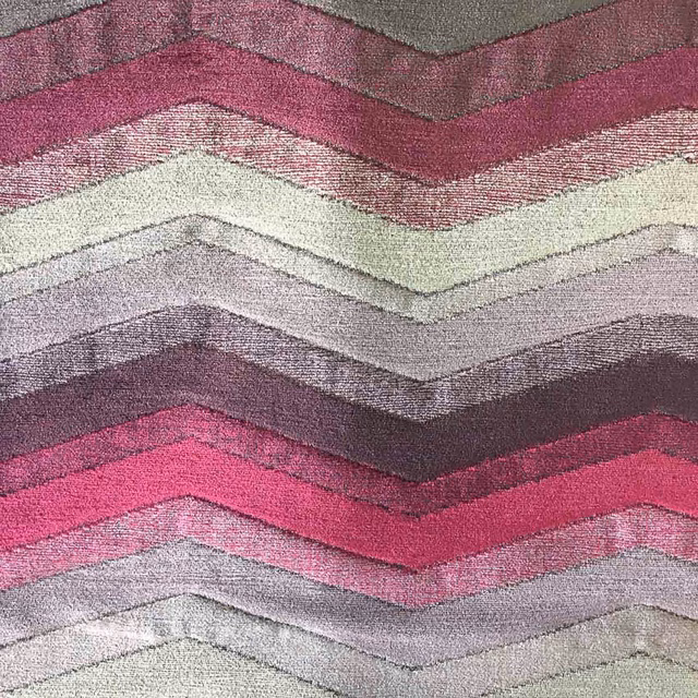 Textured chevron-striped fabric in mulberry, pink, lilac and soft grey bands