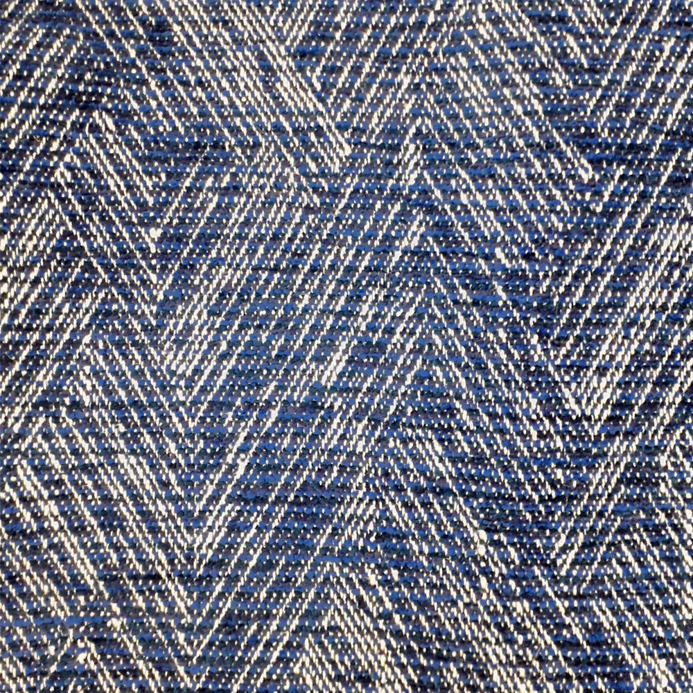 Blue and cream herringbone woven fabric with a textured chevron pattern