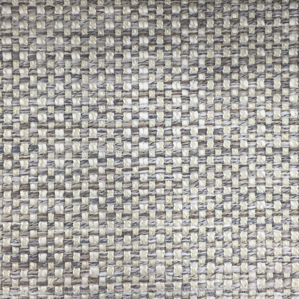 Close-up of a beige-grey woven fabric with small basket texture