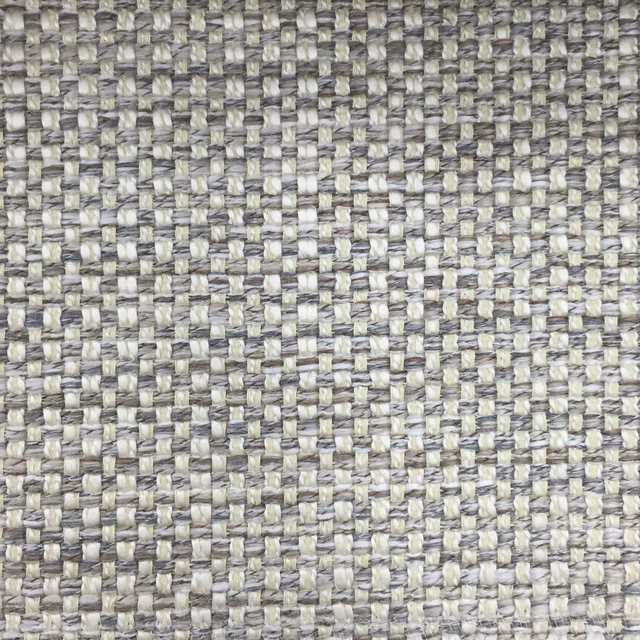 Close-up of a beige-grey woven fabric with small basket texture