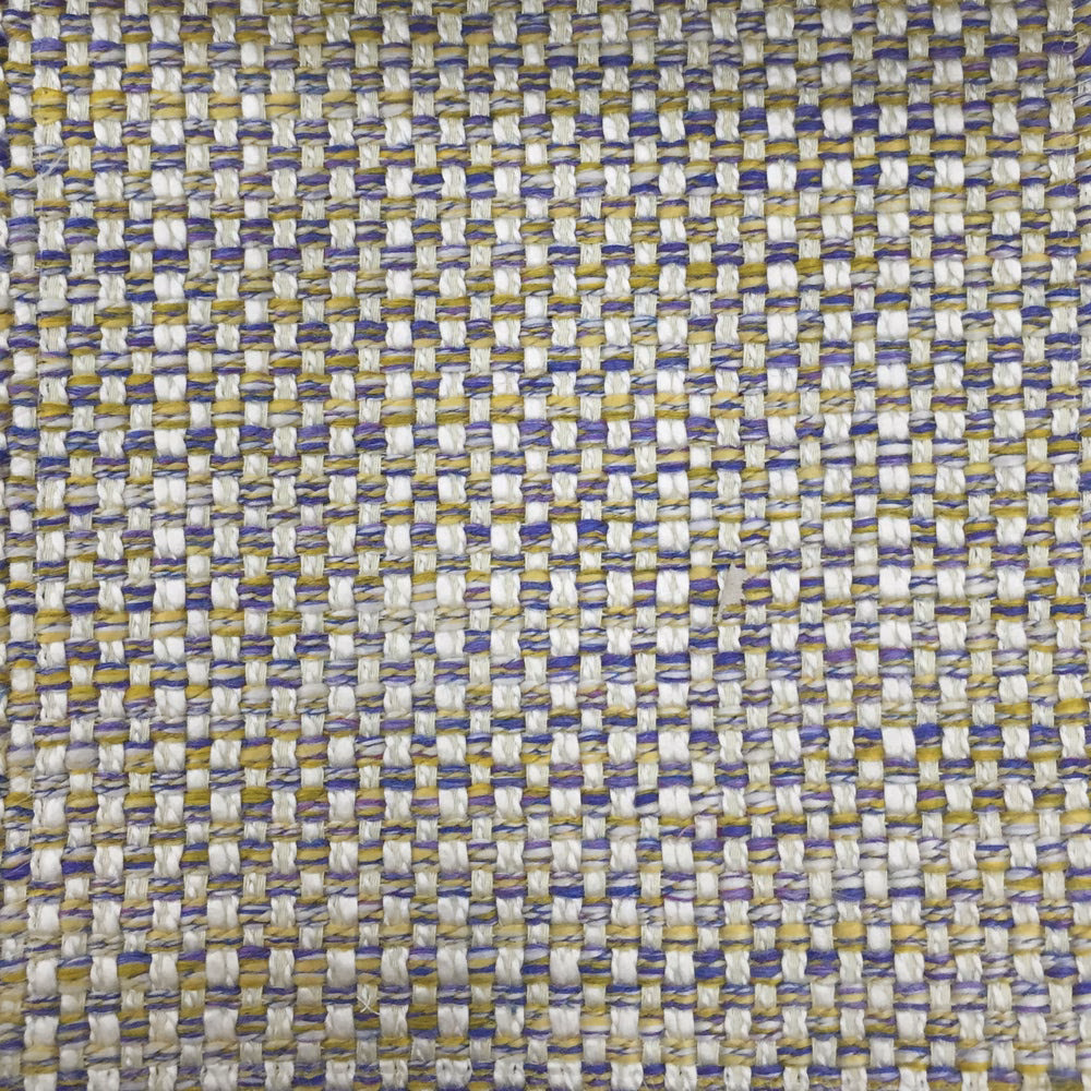 Close-up of a blue, ivory and gold textured basket weave fabric