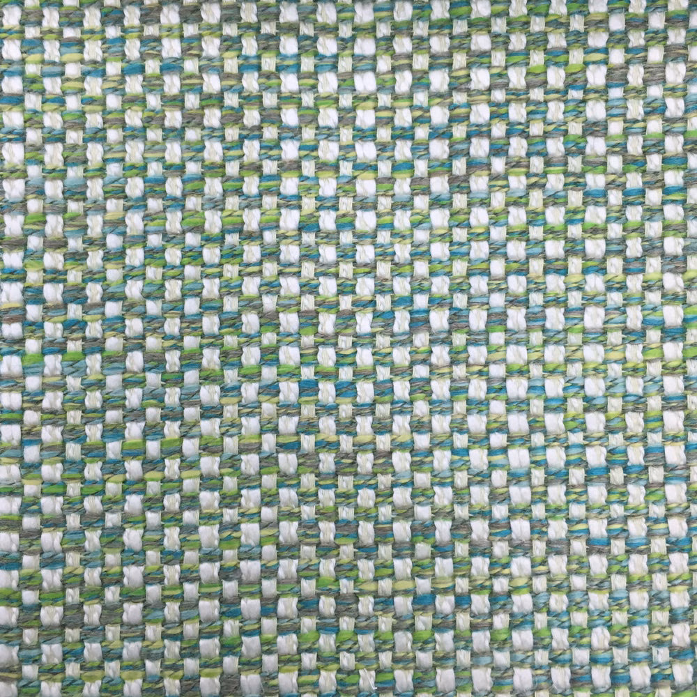 Close-up of a green, blue and white textured basket-weave fabric