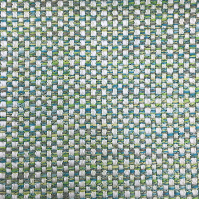 Close-up of a green, blue and white textured basket-weave fabric