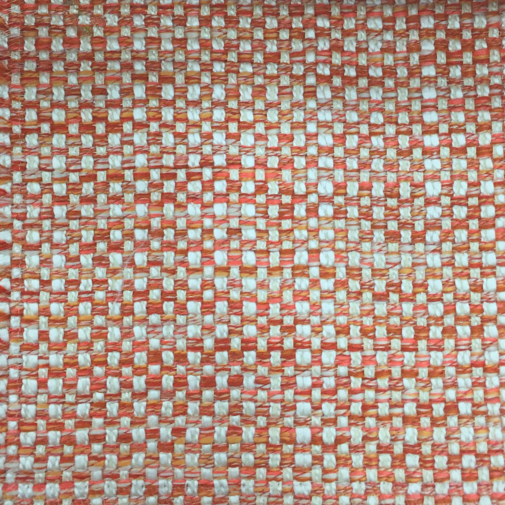 Coral orange and cream basket weave fabric swatch with a textured checker pattern