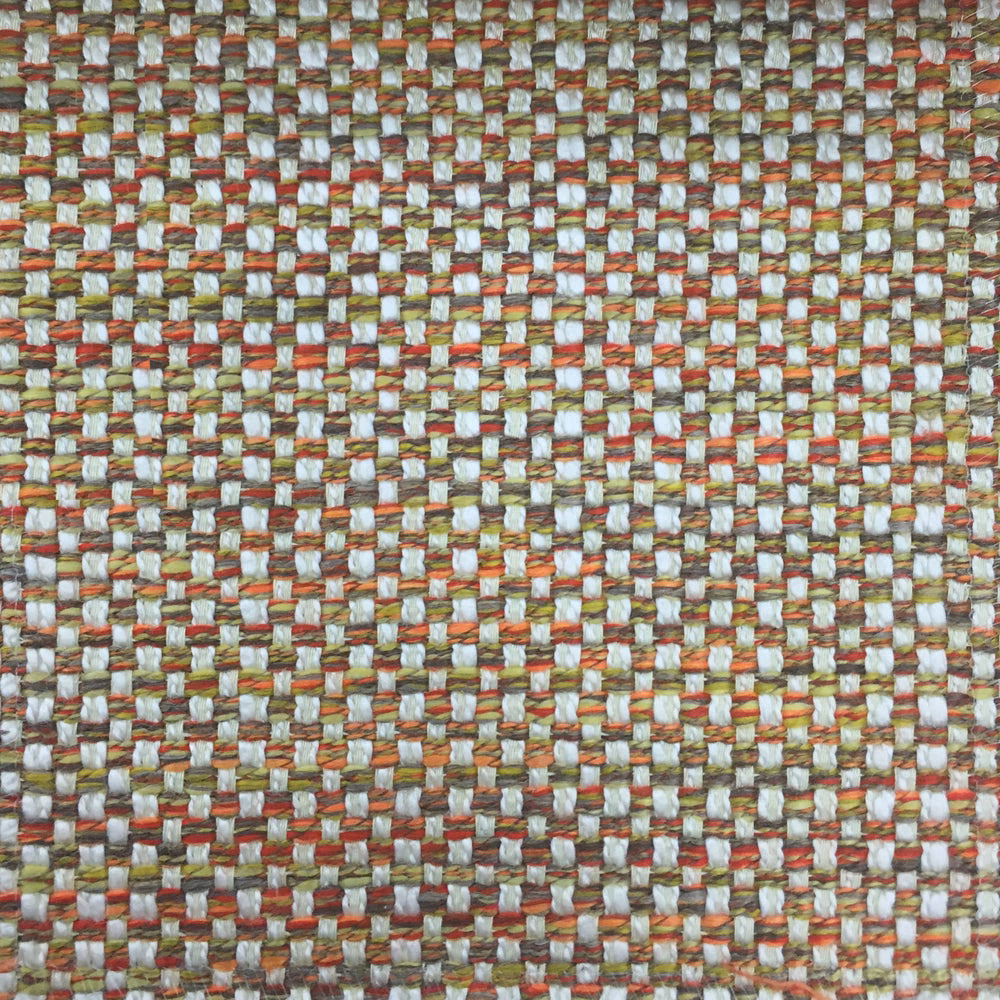 Close-up of a woven yellow fabric with white, coral and olive threads