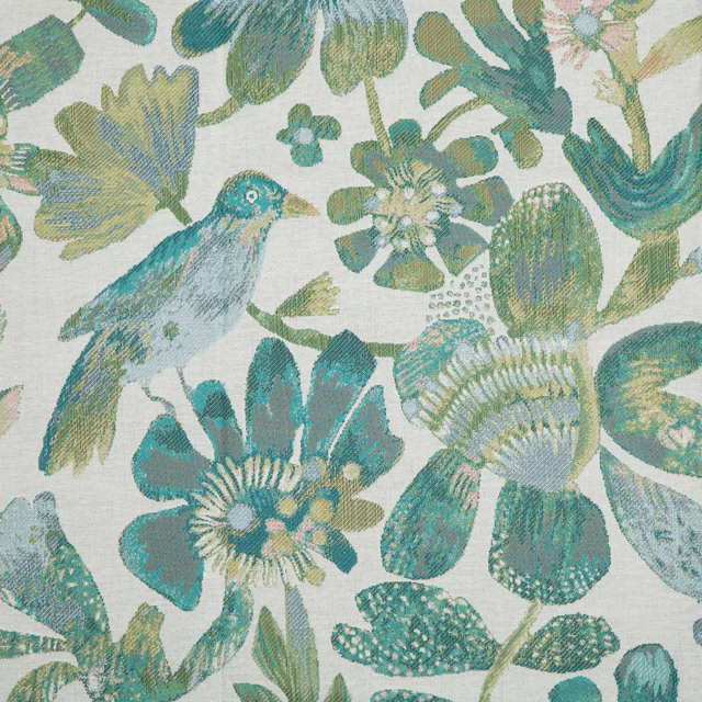 Painterly bird and floral fabric in aqua, teal and sage on a pale ground