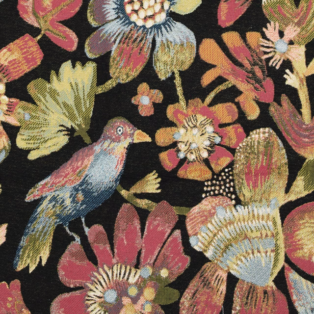Black fabric swatch with large pink floral and bird motifs in vivid mixed colours