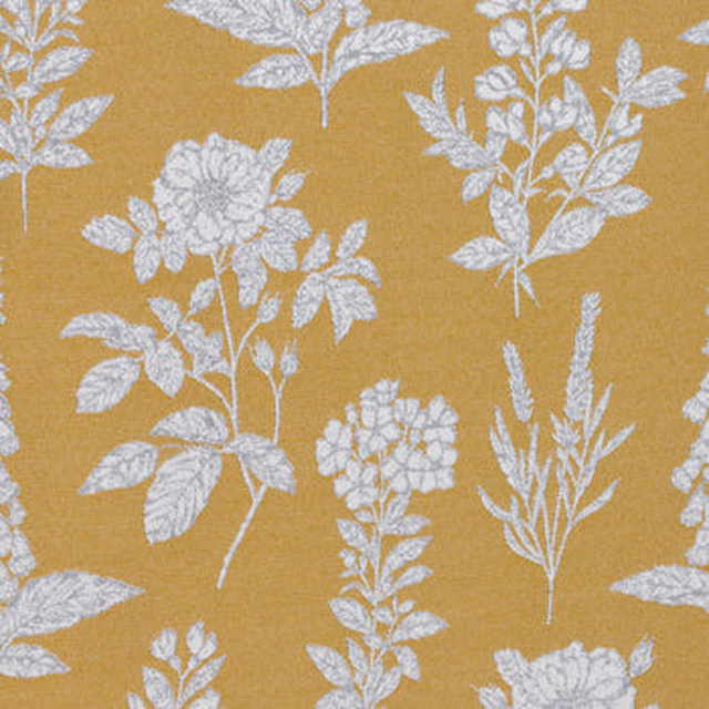 Mustard-gold floral fabric with white botanical leaf and bloom print