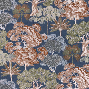 Blue botanical fabric with cream trees, sage foliage and terracotta accents