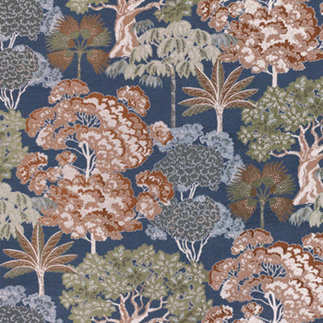 Blue botanical fabric with cream trees, sage foliage and terracotta accents