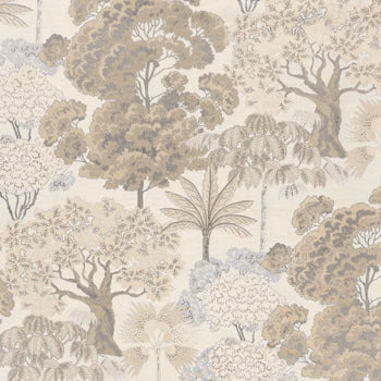 Cream woodland print fabric with muted trees and leafy branches