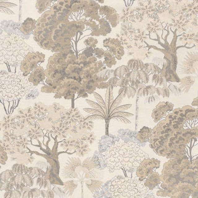 Cream woodland print fabric with muted trees and leafy branches