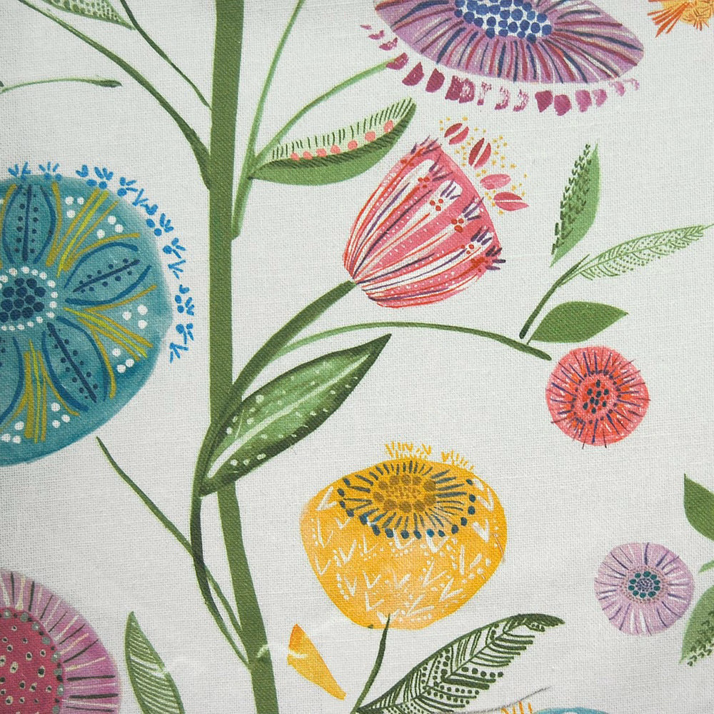 Ivory fabric swatch with large multicoloured floral print and green stems