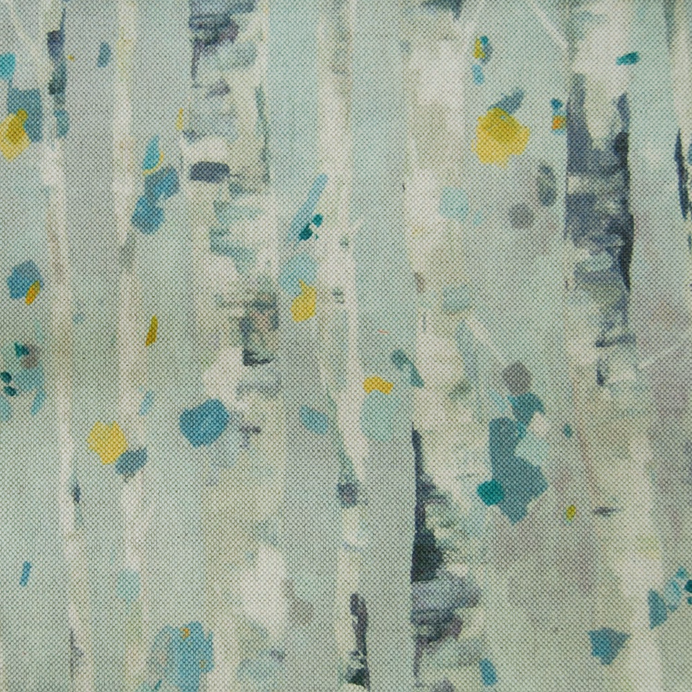 Painterly blue-green fabric with vertical pale streaks and small yellow accents