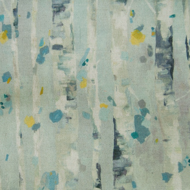 Painterly blue-green fabric with vertical pale streaks and small yellow accents
