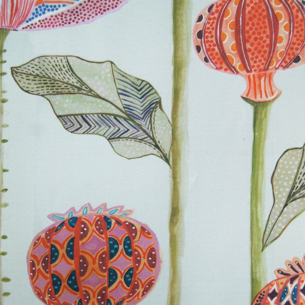 Pale ground fabric with large coral and teal floral motif, green stems