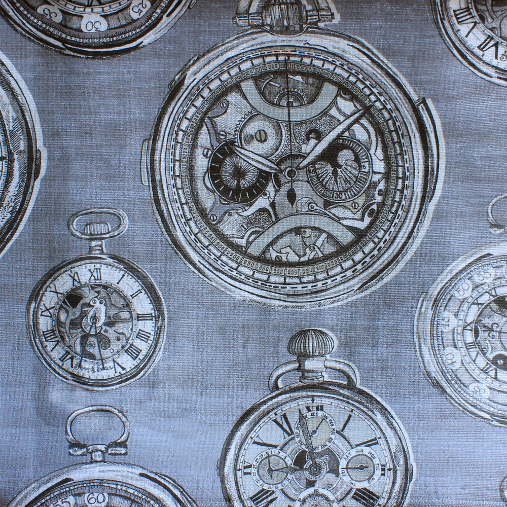 Grey fabric swatch printed with large vintage pocket watches and clock faces