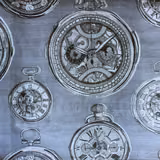 Grey fabric swatch printed with large vintage pocket watches and clock faces
