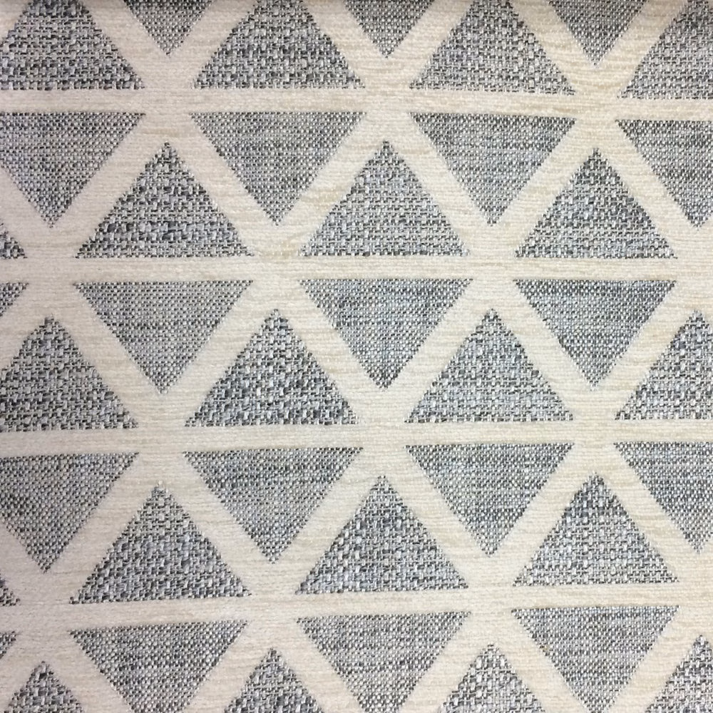 Grey woven geometric fabric with repeated triangles and ivory lattice lines