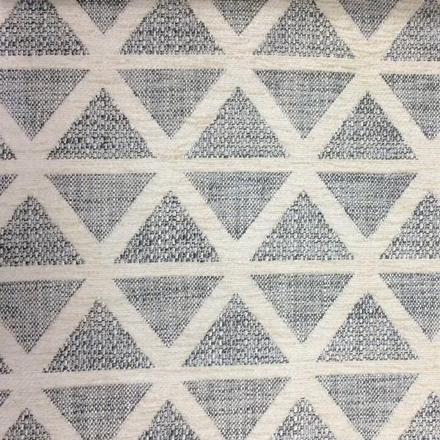 Grey woven geometric fabric with repeated triangles and ivory lattice lines