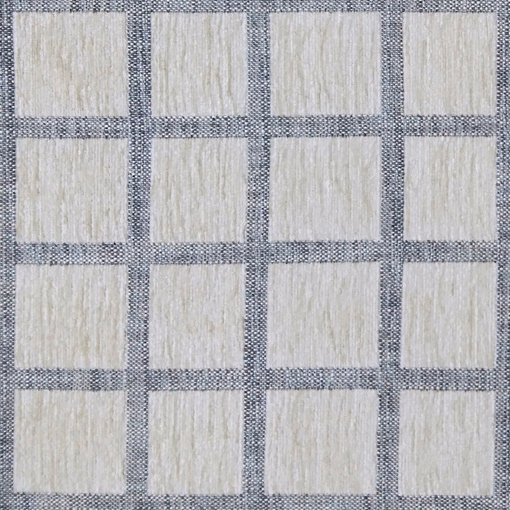 Grey woven check fabric with pale square blocks and textured slub ground