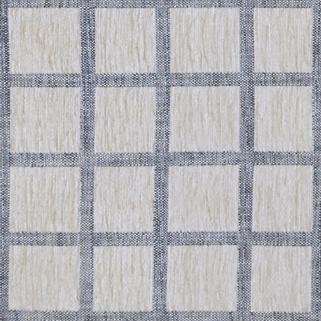 Grey woven check fabric with pale square blocks and textured slub ground