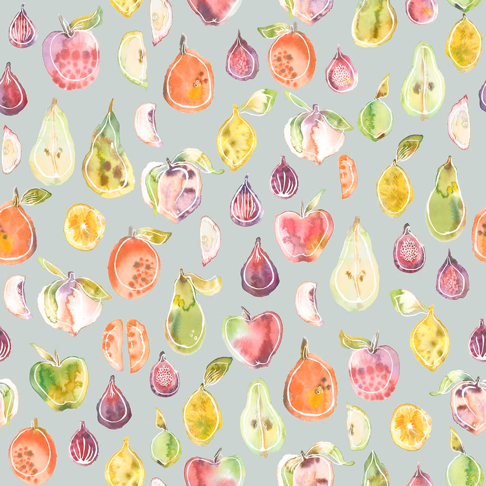 Watercolour fruit print on a pale duck-egg blue ground