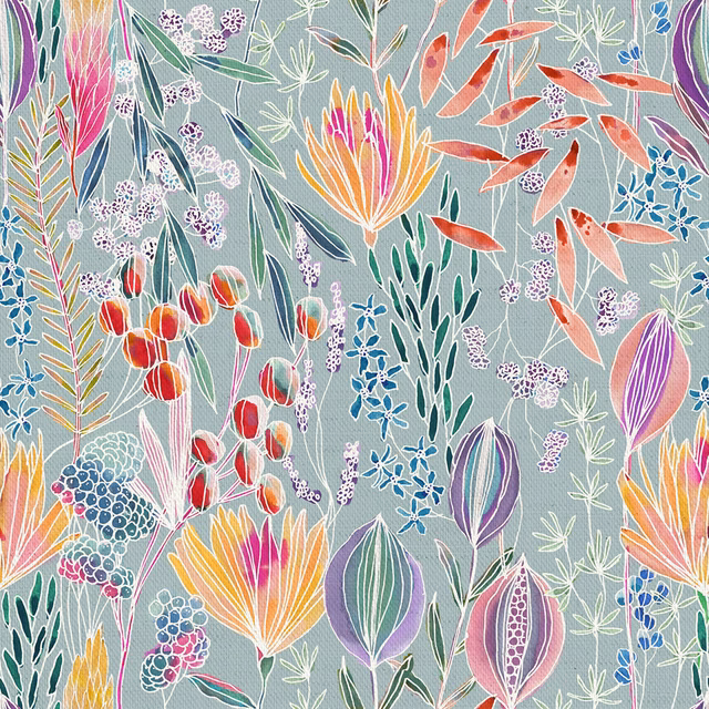 Aqua blue floral fabric with tropical leaves, seedheads and bright botanical motifs
