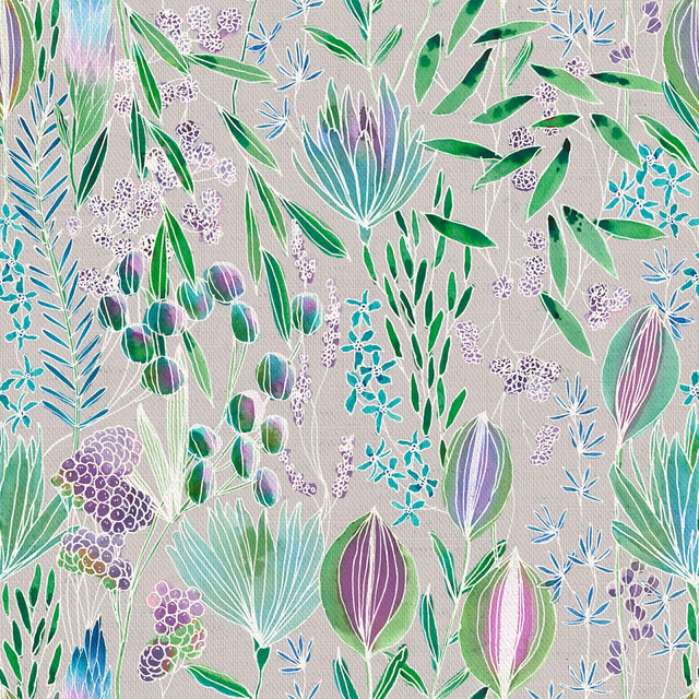 Botanical cotton fabric with green leaves, lilac pods and teal accents on a pale ground