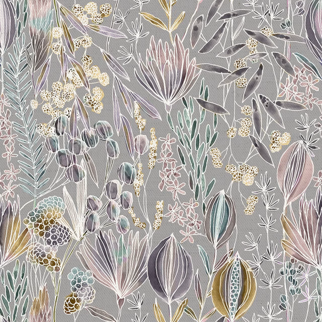 Grey cotton fabric with large pastel botanical print in lilac, sage, blush and muted gold