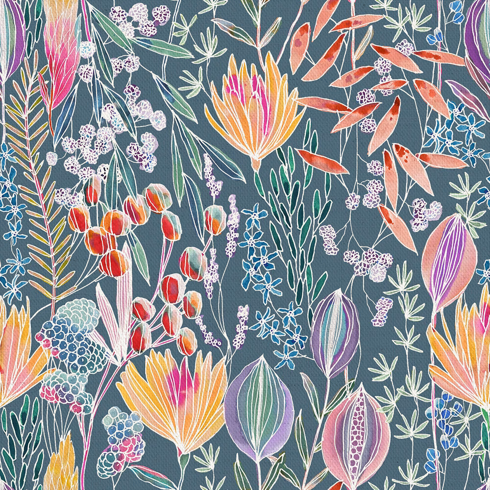 Close-up of a teal botanical cotton fabric with coral-orange and pink flowers
