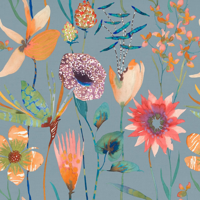 Painterly floral cotton fabric with aqua blue ground and bright coral, teal and pink blooms