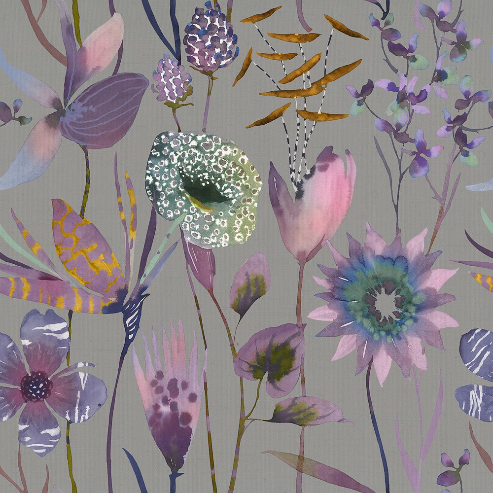 Painterly purple floral cotton fabric on a soft grey ground, with lavender petals and green accents