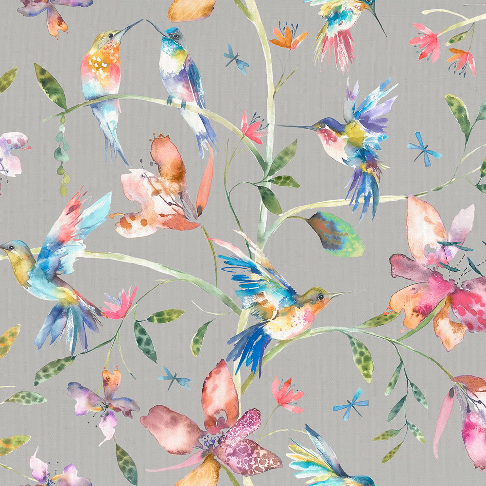 Watercolour tropical birds and flowers on a soft grey cotton ground