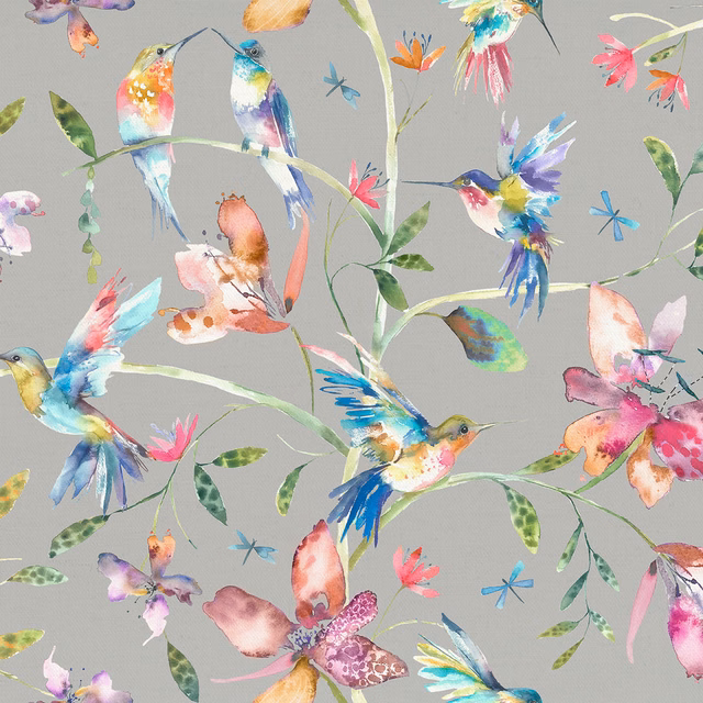 Watercolour tropical birds and flowers on a soft grey cotton ground