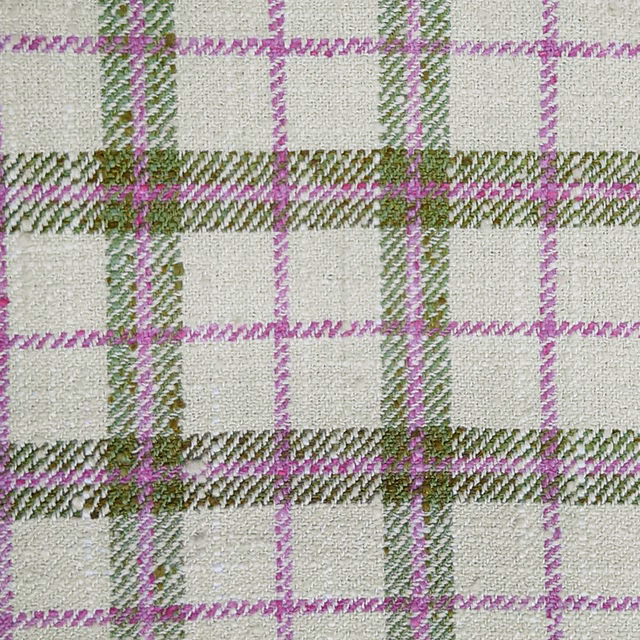 Cream woven check fabric with moss green and pink-lilac stripes, textured surface
