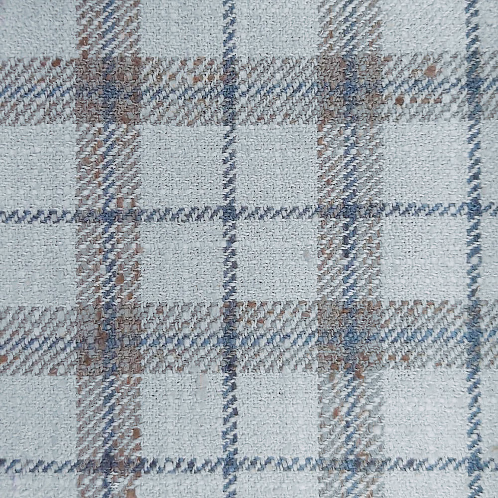 Close-up of pale grey checked woven fabric with blue and taupe threads